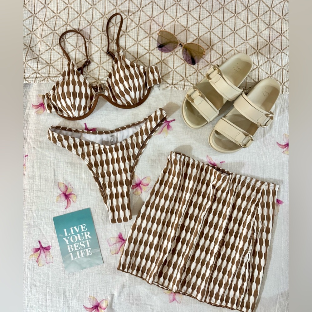 3 Piece Bathing Suit Set— Allover Print Bikini with Beach Skirt 🌴☀️
